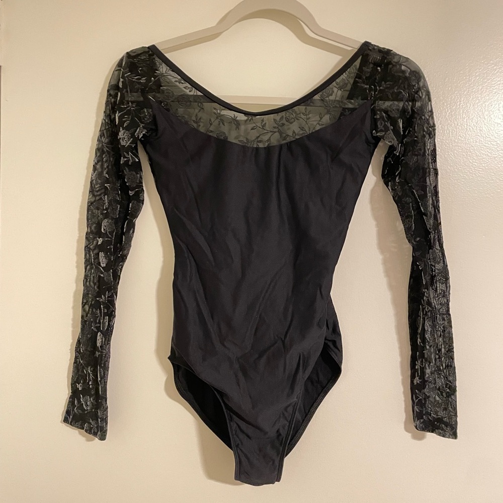 Wear Moi Ballet Long Sleeve Leotard “Sibelle” Mesh Flocked Sleeves Adult Small